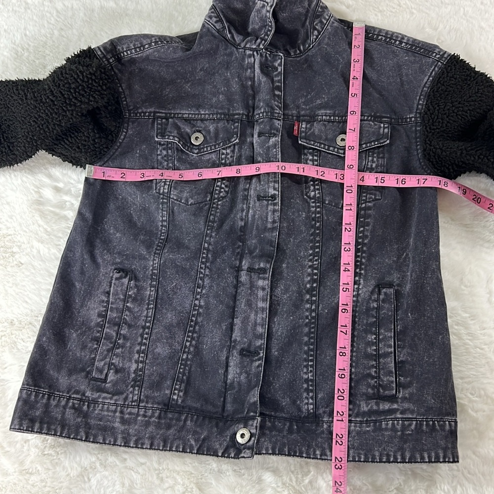 LEVIS Denim Sherpa Trucker Jacket Women SM Black Acid Wash Cotton Zip Up‎ Snap - Picture 8 of 17